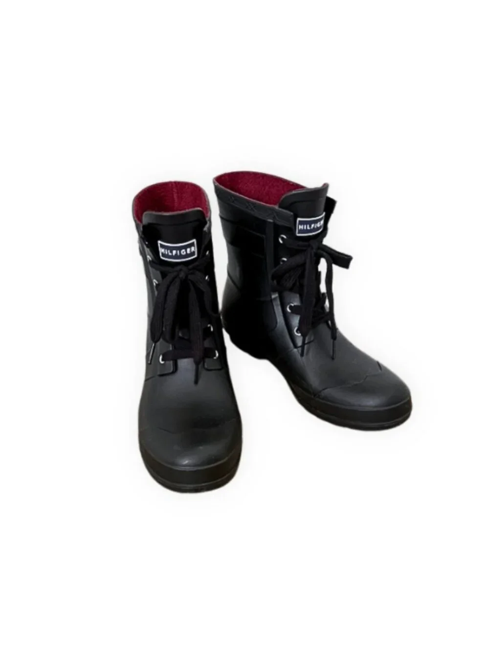 Tommy Hilfiger Black Lace-Up Rain Boot Burgundy Lining Size 10M Waterproof